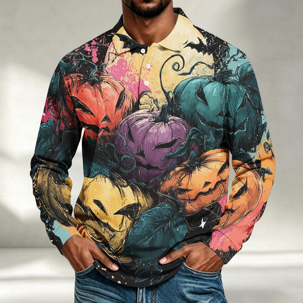 Men's Casual Halloween Print Long Sleeve Shirt Loose Fit