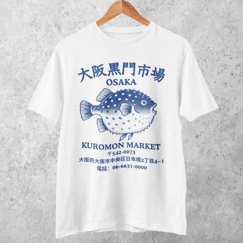 Japanse Vismarkt Osaka Kuromon Kogelvis T-shirt Retro Zeevruchten T-shirt Oceaan Nostalgie Japanse Streetwear Harajuku Y2k Mannen Vrouwen