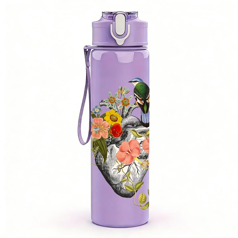 1PC Vintage Human Heart Mixed Floral Plant Bird 750ml Color Plastic Sports Water Bottle Leakproof Flip Straw Lid Suitable for Sports Office Home Use