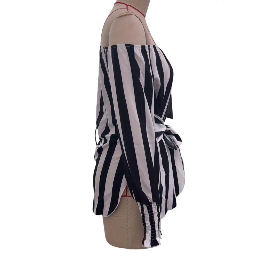 Women's Fashion Loose Strapless Lantern Sleeve Asymmetric Hem Striped Shirt