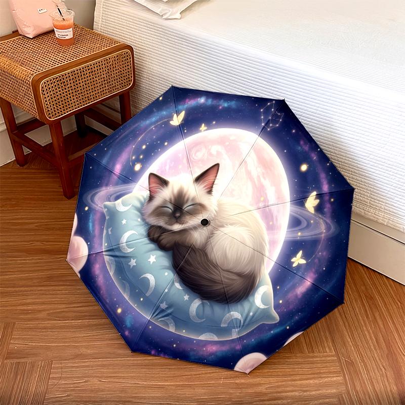 1 PC Automatic Folding Umbrella - Sleeping Cute Cat Pattern, Portable & Foldable Design with 8 Ribs, Christmas Birthday Gifts