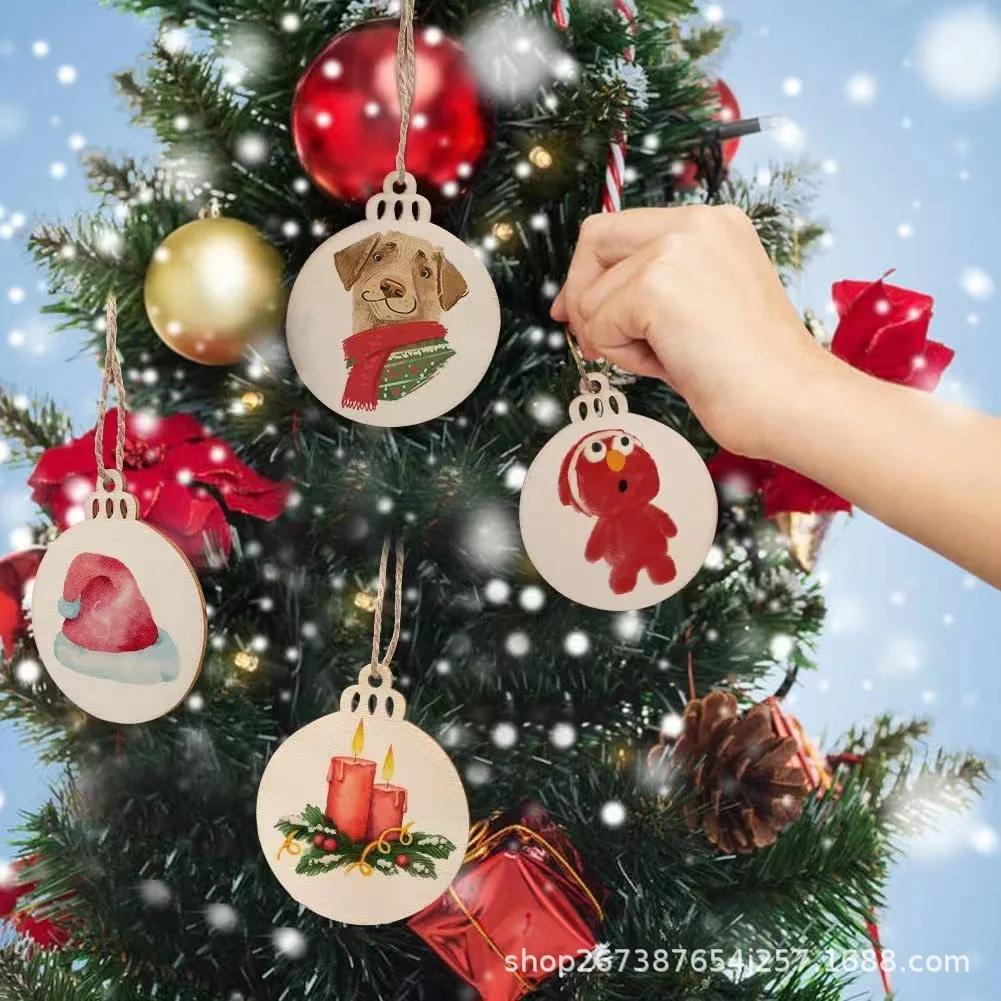 10pcs DIY Wooden Christmas Balls Decoration Round Craft Baubles Tags Hanging Ornament for Christmas New Year Pendant Decor