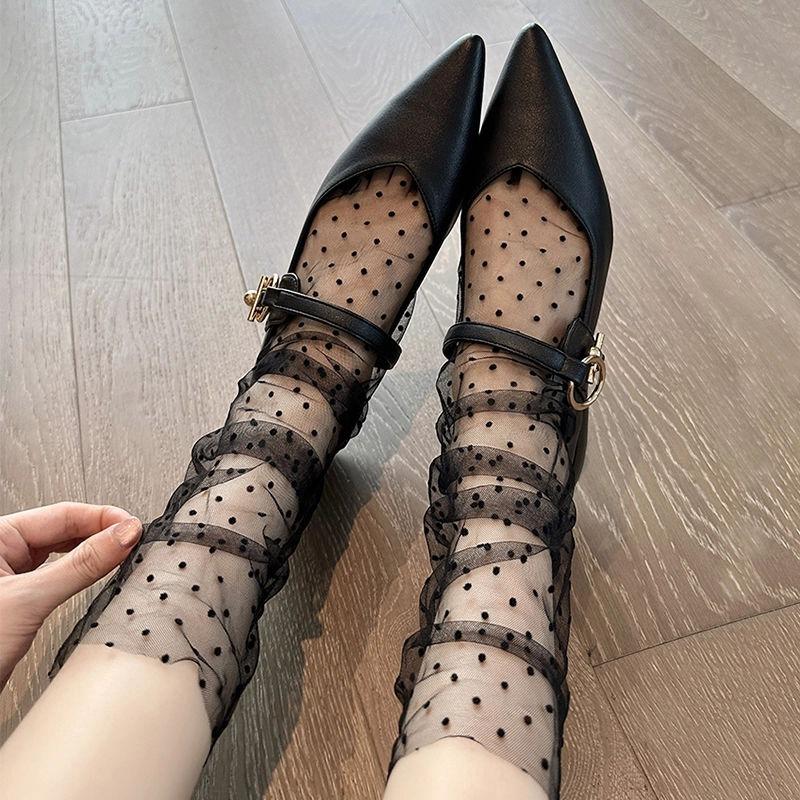 

Sexy Transparent Polka Dot Lace Socks Women Thin Nylon Silk Sheer Stacked Socks French Style Elegant Femme JK Lolita White Socks EUR 35-40 чорний