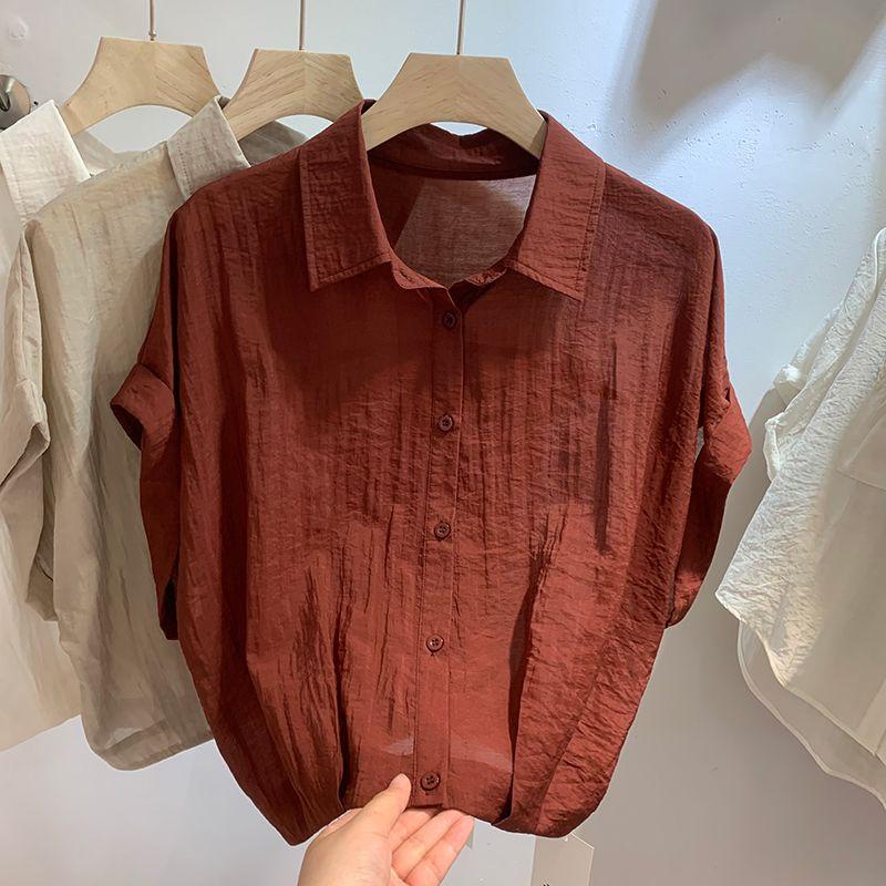 

Loose Short Sleeve Shirt Women s Roll up Sleeve Design Summer New Style Anti-Aging Fashionable Top Small Audience Design XS красный