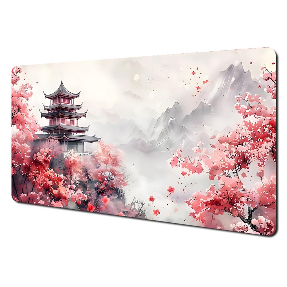 Romantische Kirschblüten und Pagoden-Design Großes Mauspads Schreibtischunterlage Genähte Kante Rutschfest Langlebiges Gaming-Pad Tapis De Souris