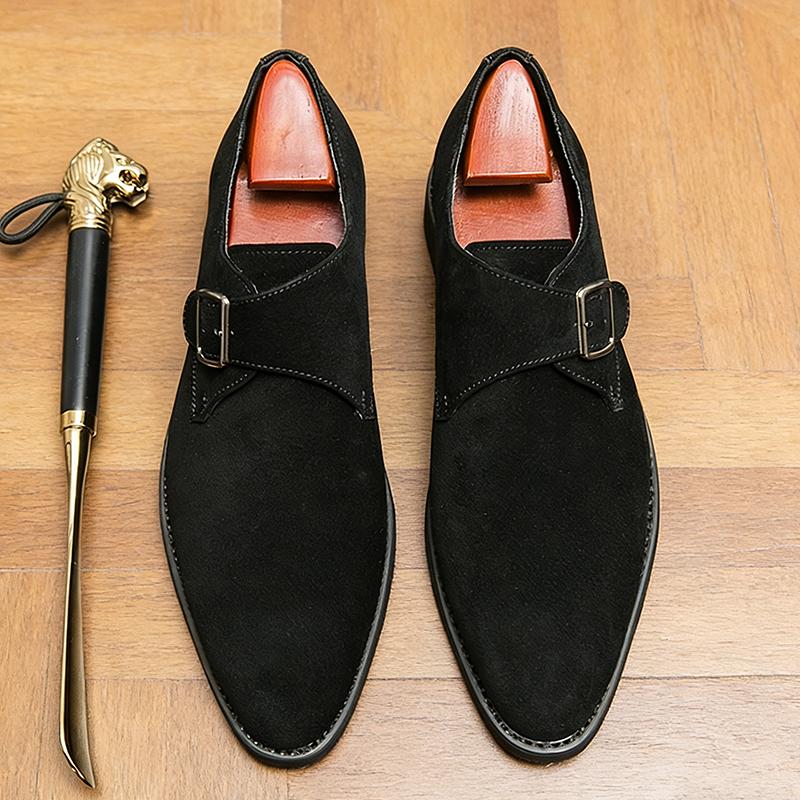 

Trend New Pointed Suede Leather Monk Strap Shoes For Men Brand Designer Formal Wedding Dress Homecoming Sapatos Tenis Masculino 38