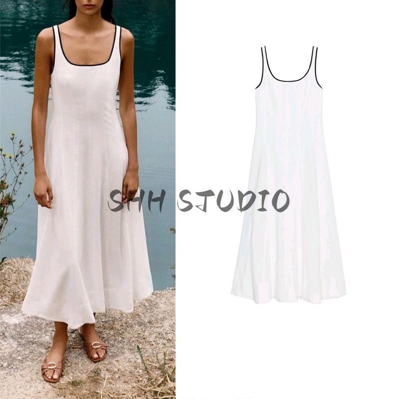 Summer New Product Women's Clothes Minimalist A- line Hem Contrast Color Trim Sling Midi Skirt Dress 8214393