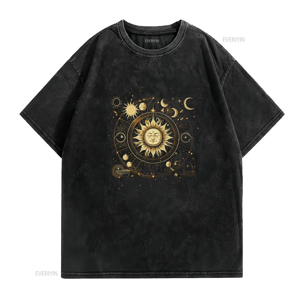 Boho Moon Phases Celestial Sun Stars T Shirt Bohemian Phase Mystical Vintage Washed Designer Clothes Unisex Versatile Stylish