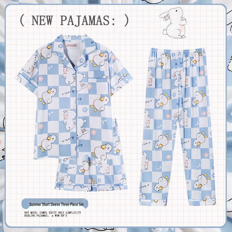 Pastoral Women's Pajama Set: Soft, Cute Rabbit Design, Short-Sleeve, Casual Three-Piece Loungewear.