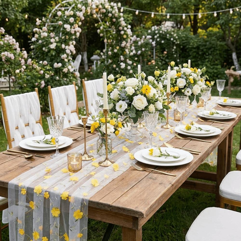 Semi-Transparent Tulle Table Runner 3D Embroidery Gauze Table Flag Kitchen Dining