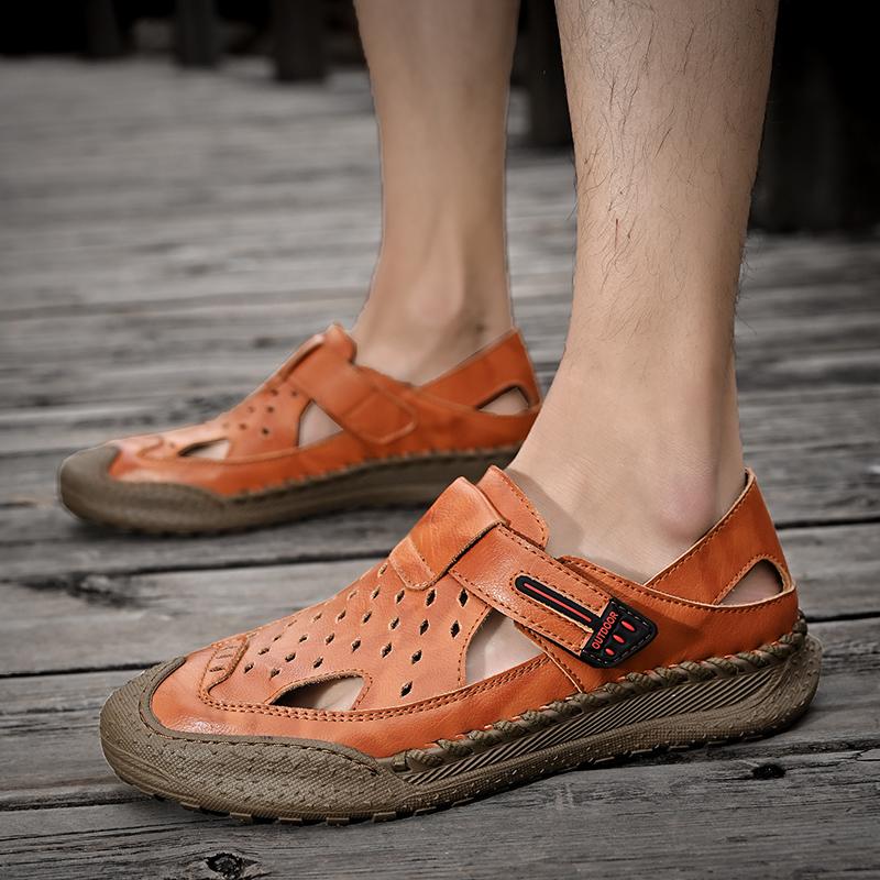 Herren-Sandalen aus echtem Leder, handgenäht, atmungsaktiv, lässig, weich