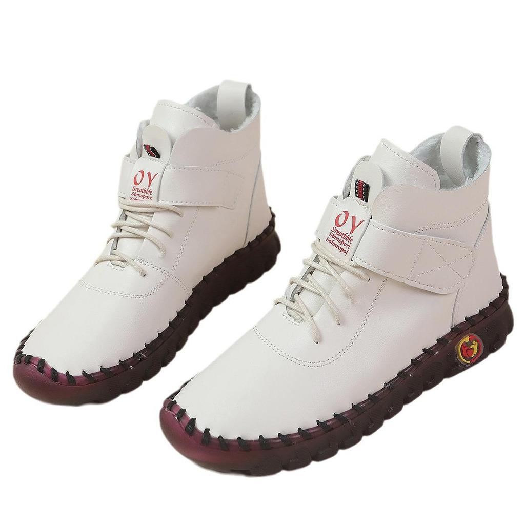 2024 Autumn/Winter Plus Size Women’s Leather Ankle Boots, Round Toe Flat Heel Velcro Style