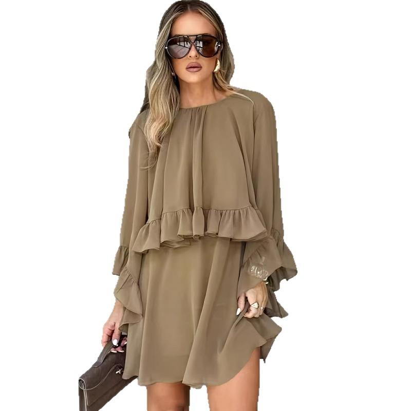 Womens Loose Ruffled Long Sleeve A Line Dress Casual