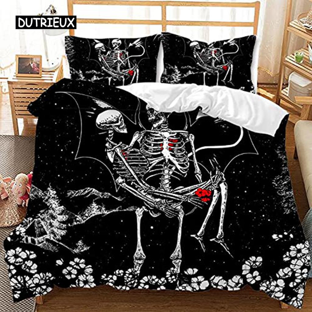 Bedding Set Colorful Skull Bedding Black Neon Skeleton Bed Cover 3 Piece Galaxy Duvet Cover Gothic Bedspread
