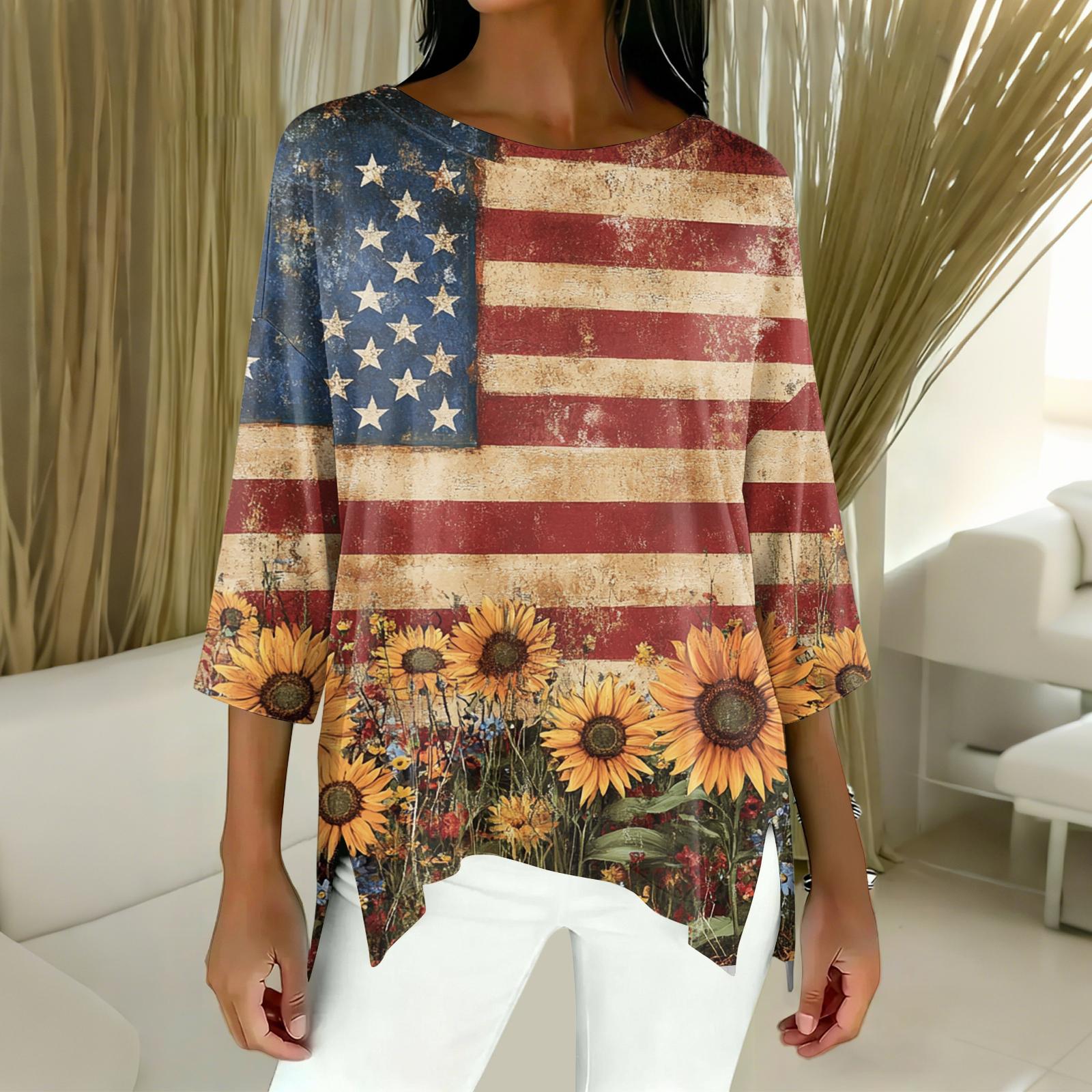 

Women’s Fashion 34 Sleeve Top with Independence Day Inspired Print Loose Fit Comfortable Material Suitable for Multiple Occasions XL жовтий