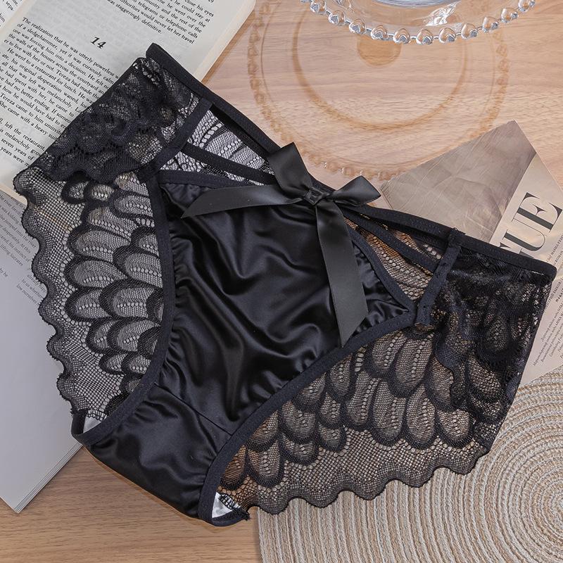 French High-Slit Satin Lace Bow Panties - Sexy, Breathable, Lightweight, Low-Waist Triangle Design