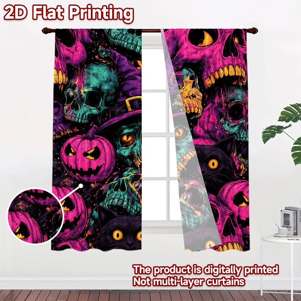 2D FLAT PRINTING 2pcs Curtains (Without Rod) Halloween Skulls and Cats Chic Creative Curtains Polyester Curtains Easter Eggs