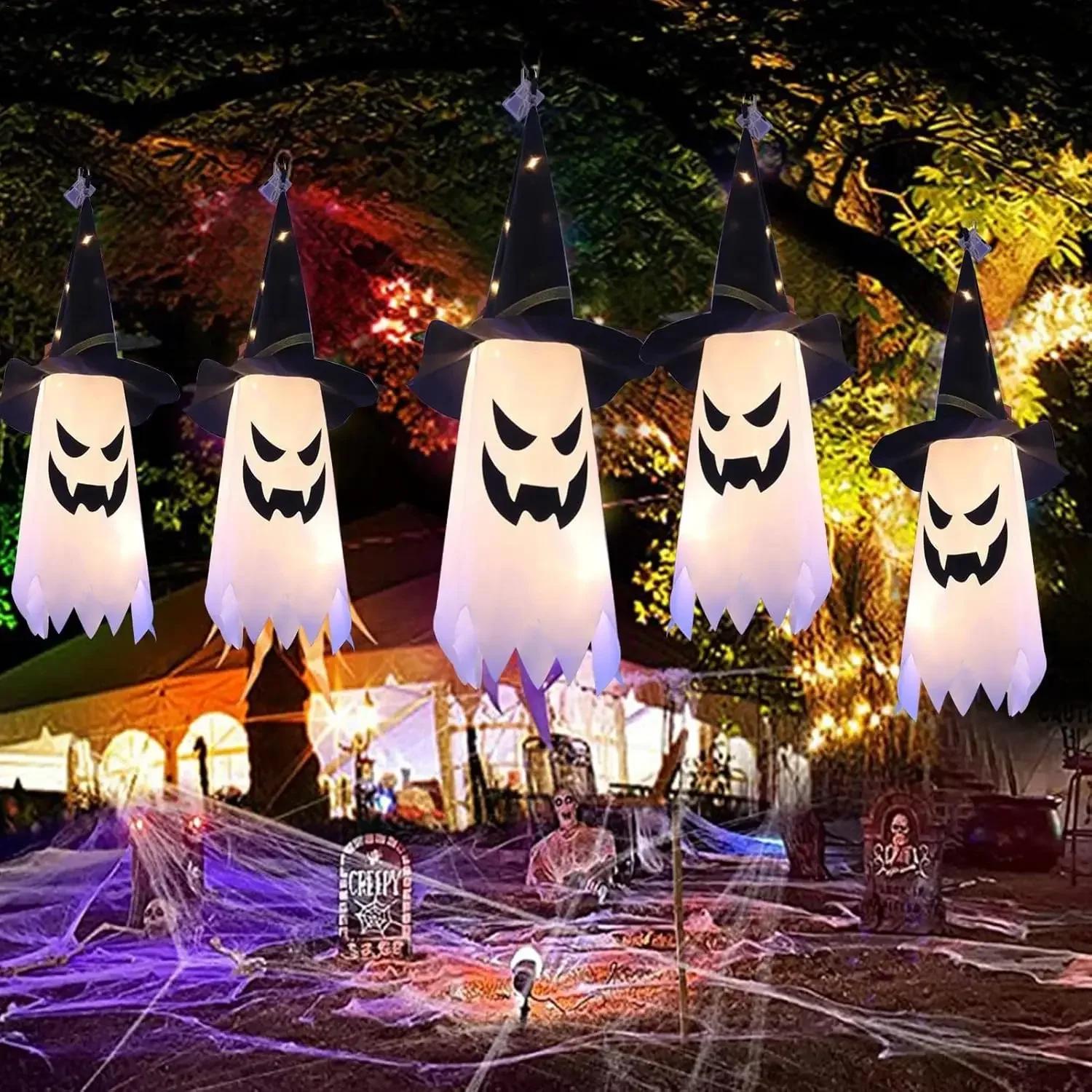 5PCS Halloween Witch Hat Ghost LED String Lights Hanging Decor Spooky Atmosphere Room Decoration Flash Party Ornament 5LED