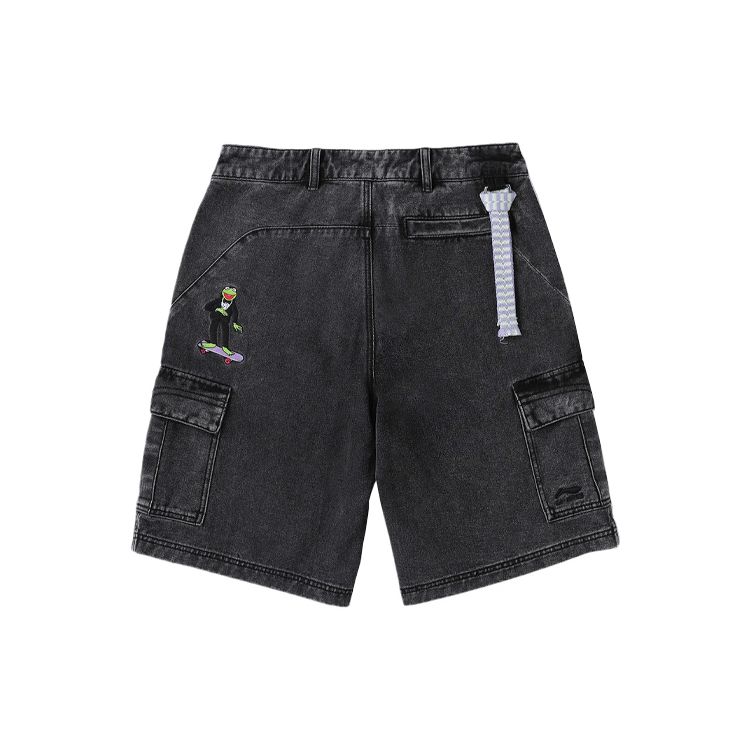 Li Ning X Disney Collaboration Muppets Series Logo Letter Print Washed Denim Shorts Men Shorts Black AJSR007-2