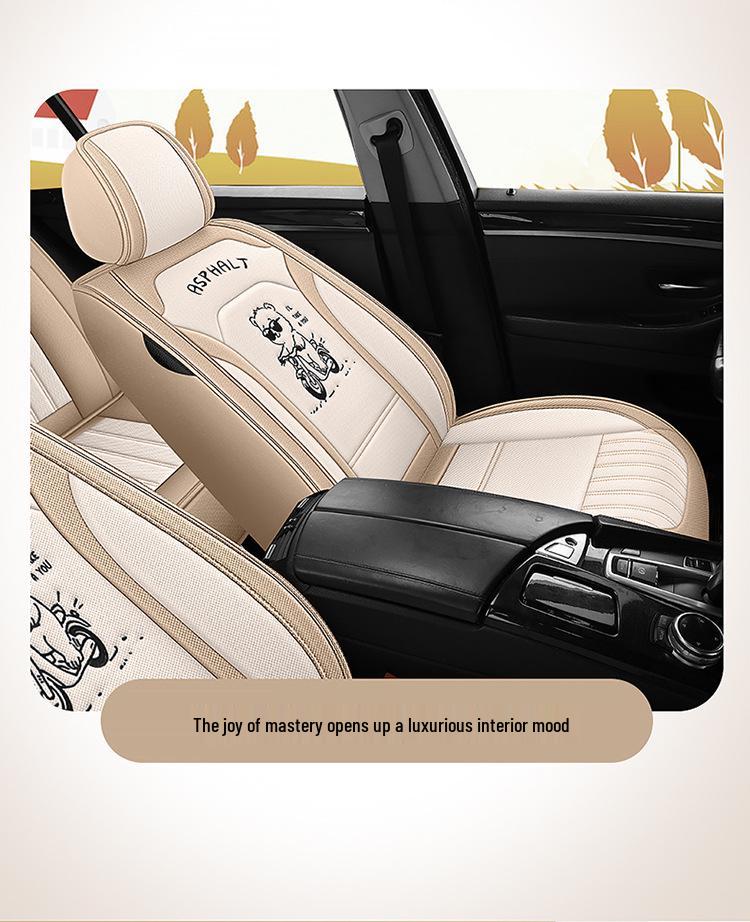 All-Season Linen Car Seat Cover - Breathable, Full Coverage with Cute Cartoon Design for Autumn/Winter