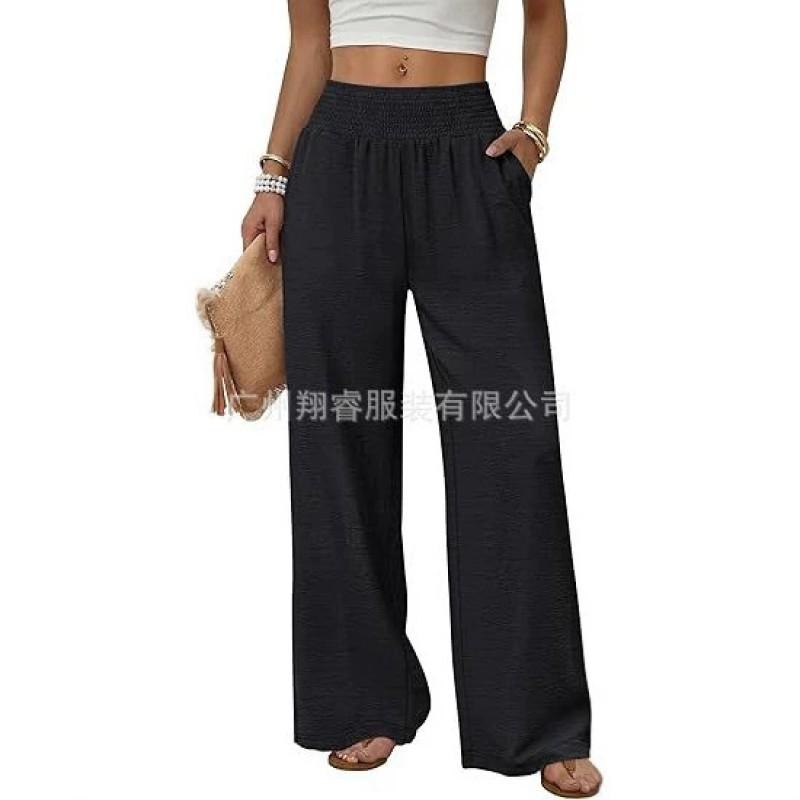 Womens High-Waisted Wide-Leg Casual Trousers Solid Color Loose Fit 2026 Comfortable Straight Pants