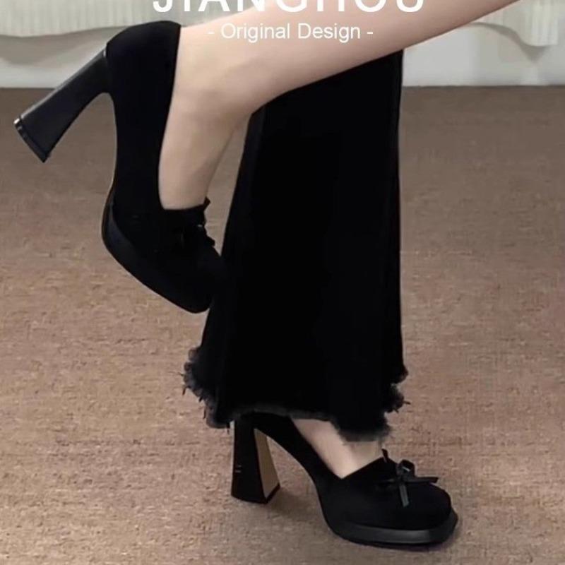 Fashion Women's Fashion Thick Heel Shoes Spring New Square Head Shallow Mouth Butterfly Knot Waterproof Platform Slip-on High Heels