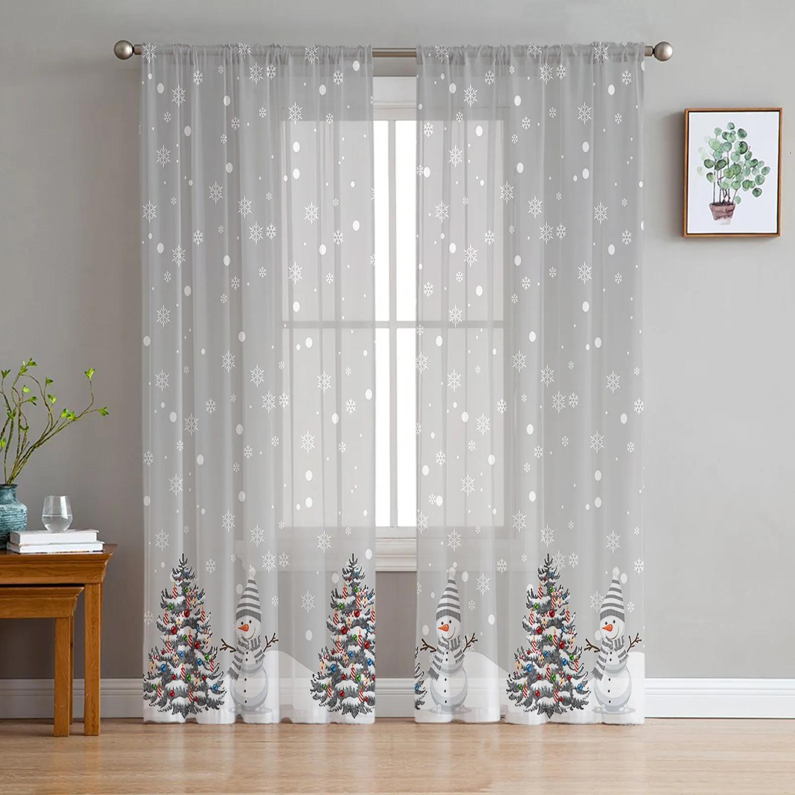 

Snow Flake Gray Snow Figure Christmas Tree Yarn Curtain Window Tulle Drapes For Living Room Kitchen Window Sheer Voile Drapes W135 x H115cm x1&Grommet Top