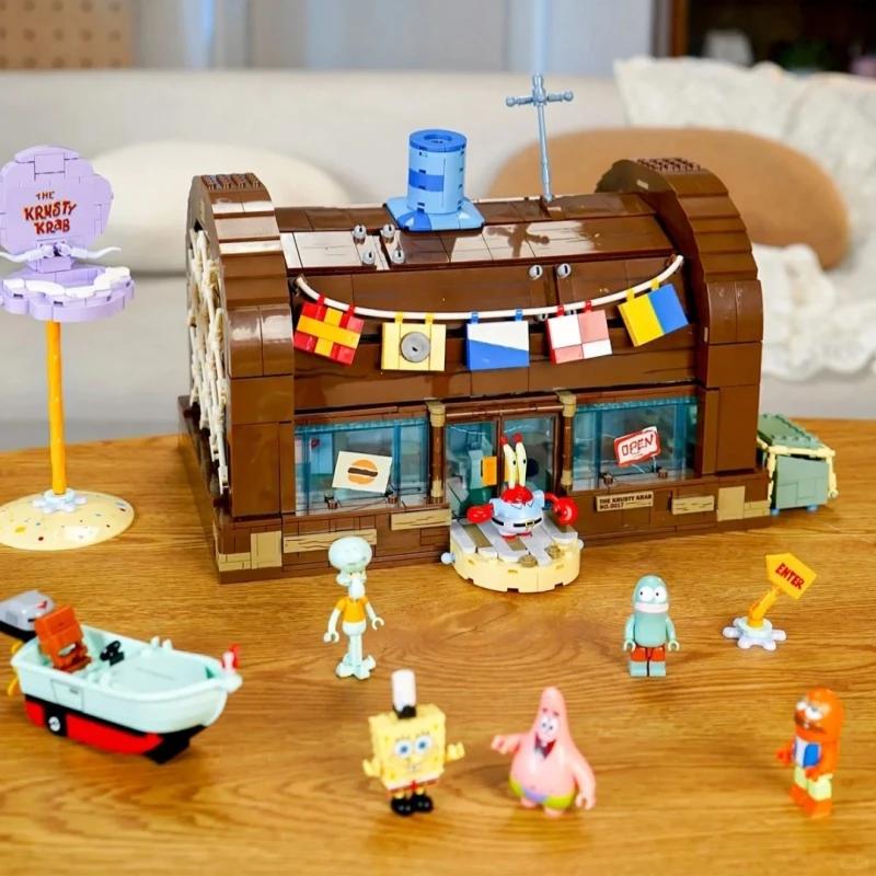 Non-Toxic Spongebob Squarepants Building Blocks Cartoon Krusty Krab Restaurant Model Assembly Toy Patrick Star Captain Birthday Gift