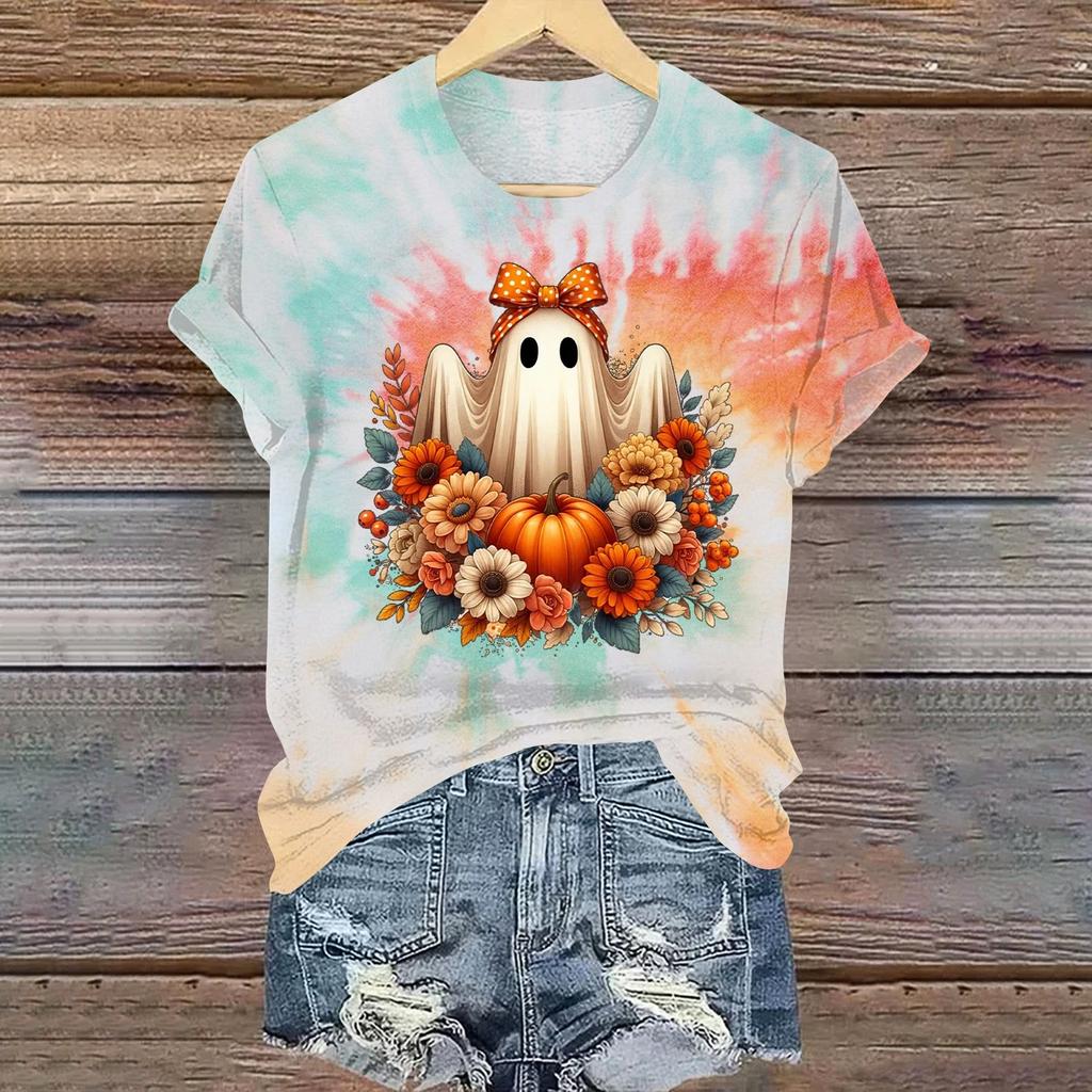 Ladies' Casual Halloween Printed Round Neck Short Sleeved T-Shirt