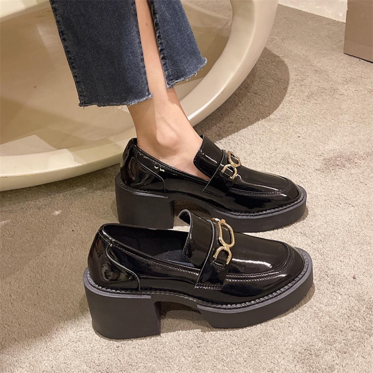 Metal chain platform spring and autumn black thick heel high heel retro British small leather shoes single shoes 35