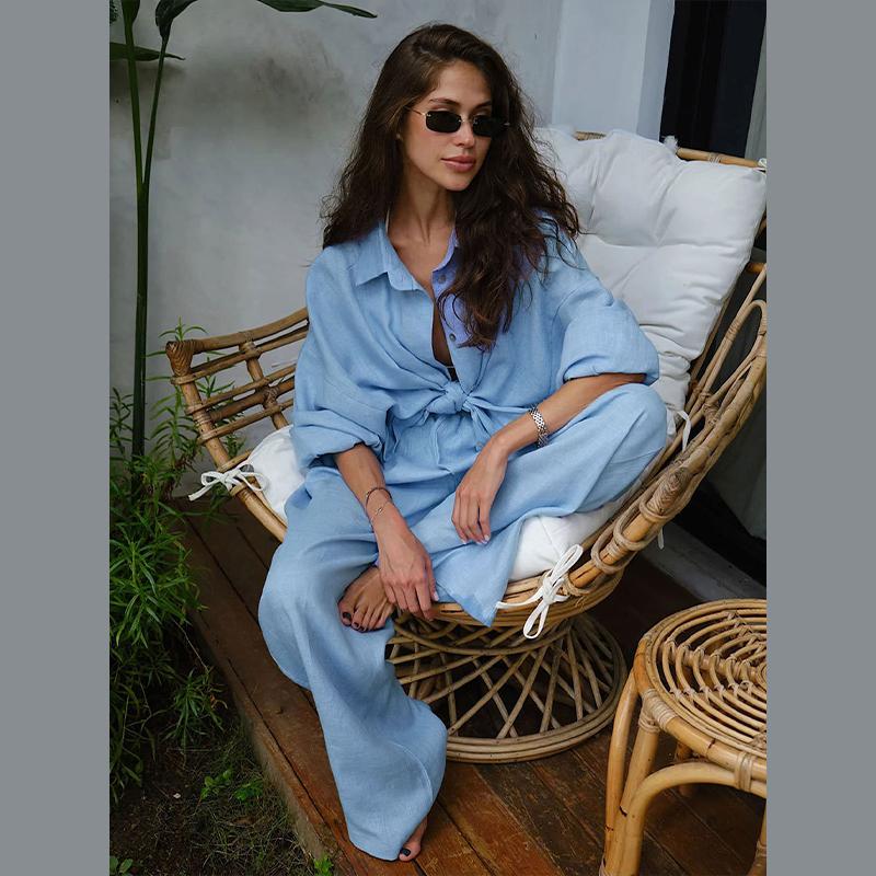 Bavlněná lněná dámská kalhotová souprava ležérní volná jednobarevná knoflíková košile kalhoty outfit léto dámský denní šik volné kalhoty oblek nový
