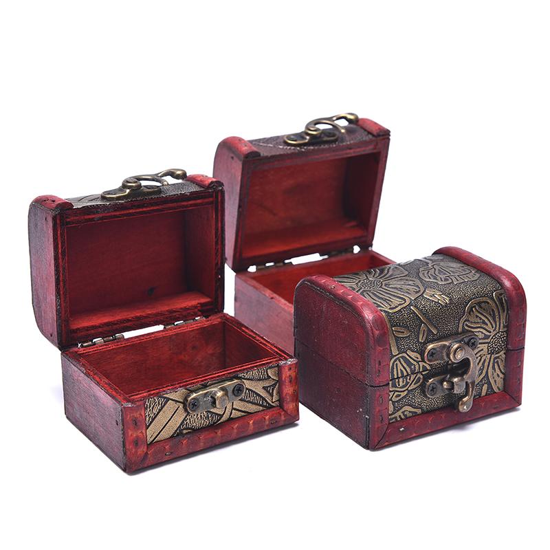 Antique Mini Wood Treasure Chest Storage Box Jewelry Organizer Box Gift Box