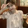 Versatile Bubble Sleeve Age-reducing Lace Edge Short-sleeved Shirt Women's Summer Lace-up Loose Top Bubble Sleeve Top Women's