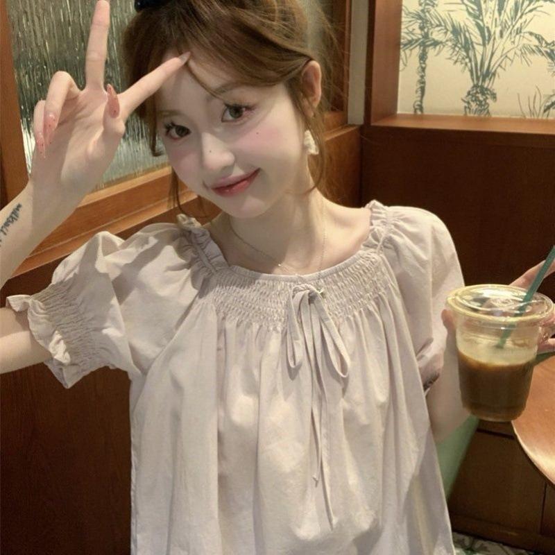 Versatile Bubble Sleeve Age-reducing Lace Edge Short-sleeved Shirt Women's Summer Lace-up Loose Top Bubble Sleeve Top Women's