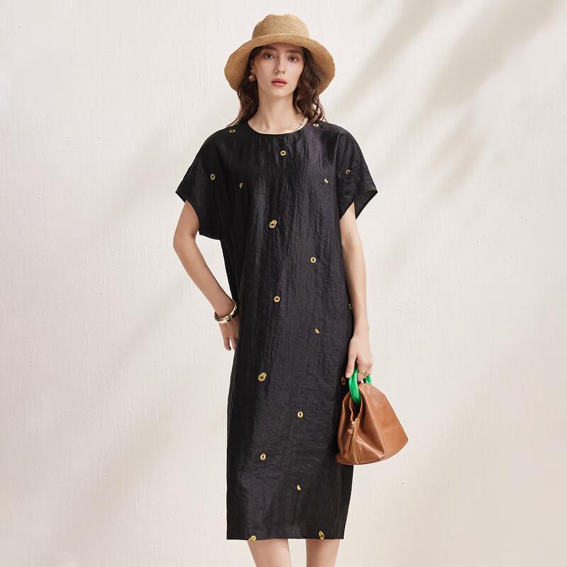 Women's Mulberry Silk Embroidered Short-Sleeve Dress