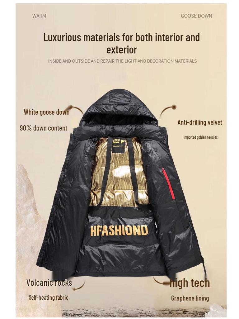 Black Gold Hooded Men's Goose Down Jacket - Thickened, Warm, Cold-Proof Winter Coat