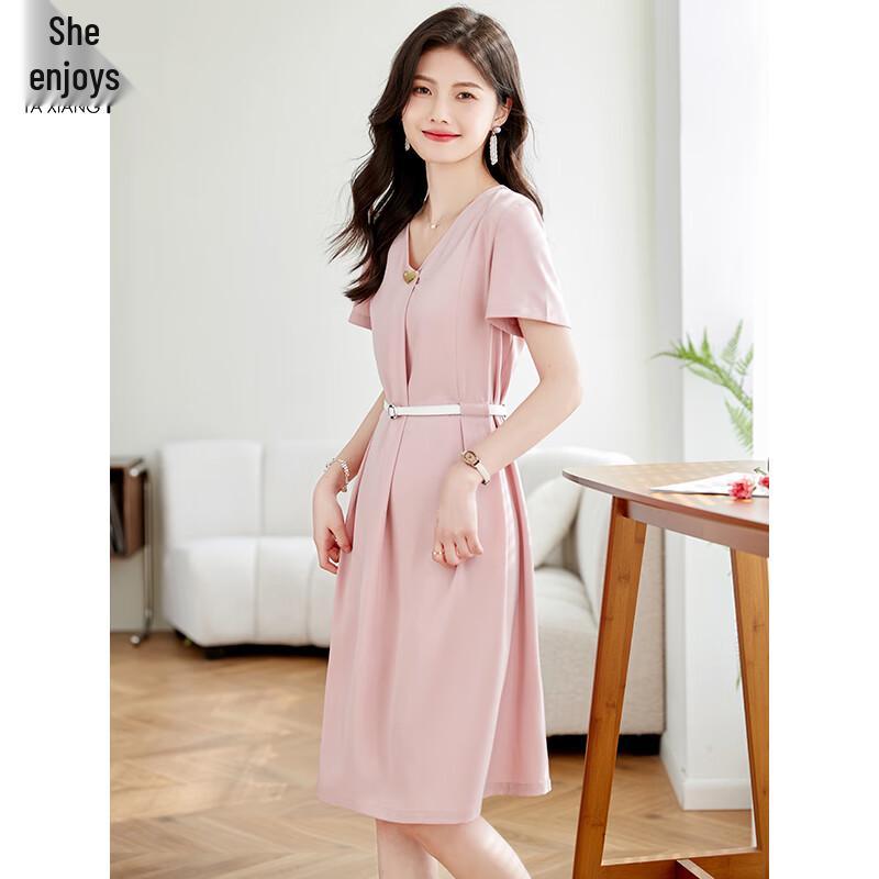 Women's Elegant Solid Short Sleeve Belted Midi Dress