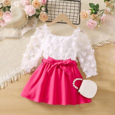 Children's Fashion Set Spring and Autumn Girls Casual One-line Shoulder Sticky Flower Long Sleeve Top Skirt Ruffled Suit