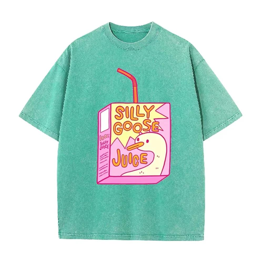 Cute Silly Goose Juice Box Print Washed Purple Y2K Aesthetic Women T-shirt