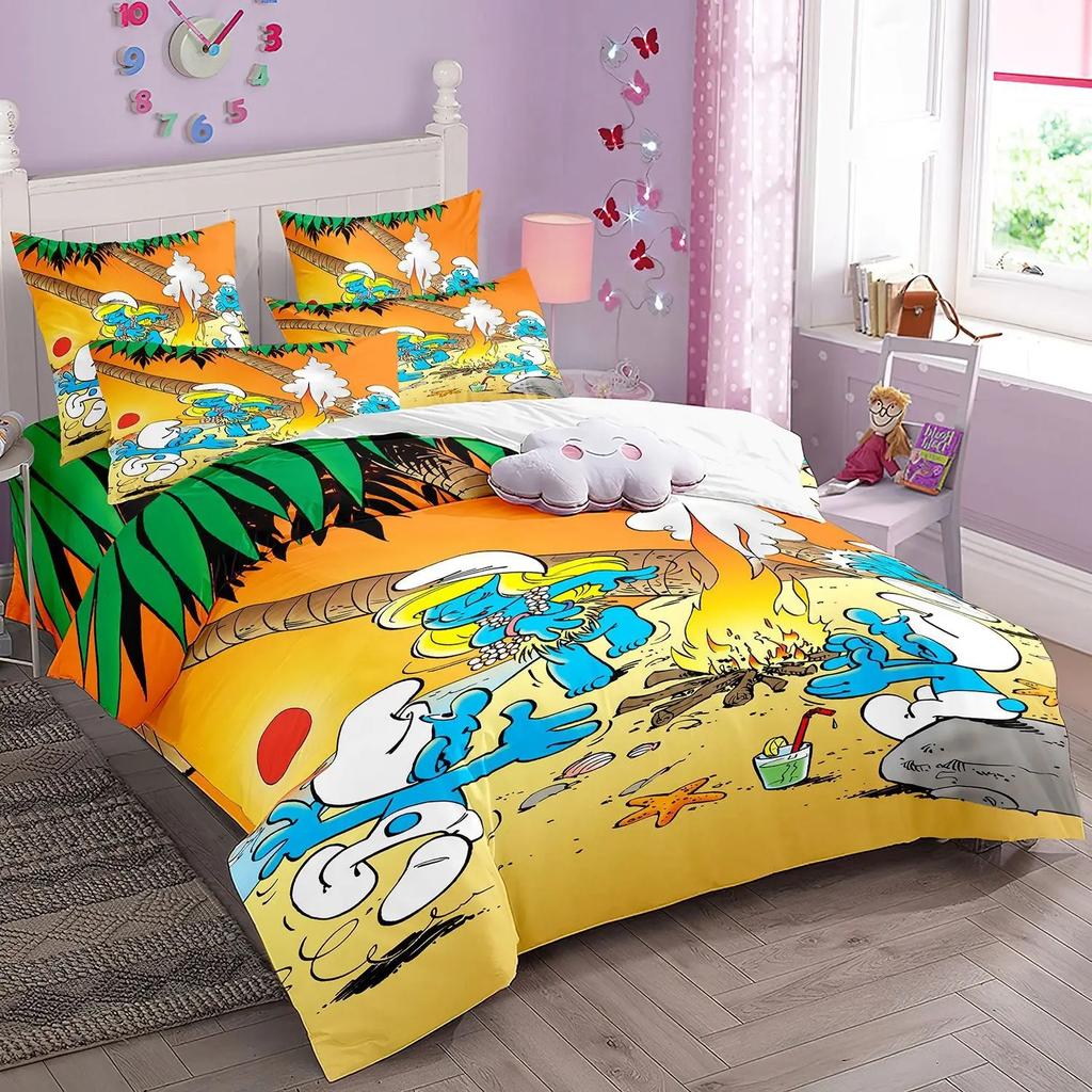 Cartoon S-Smurfs Printed Duvet Cover Pillowcase Bedding Set Boy Girl Children Single Double Large King Queen Size Gift