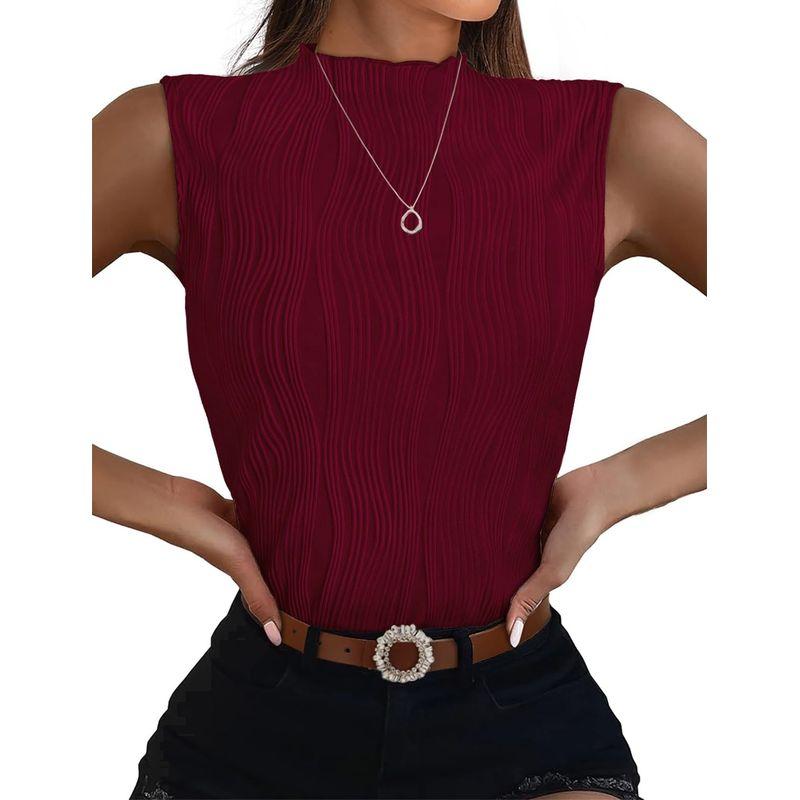 

2025 Semi High Neck Slim Fit Sleeveless Vest T-shirt Burgundy L