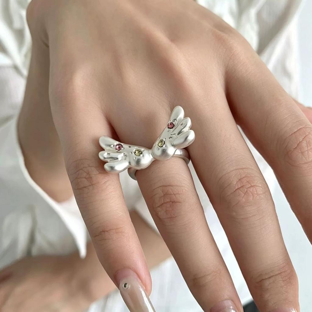 Korean Fashion Cute Shining Crystal Star Wings Open Rings For Women Girl Y2K Gothic Creative Charm Jewelry Accessories