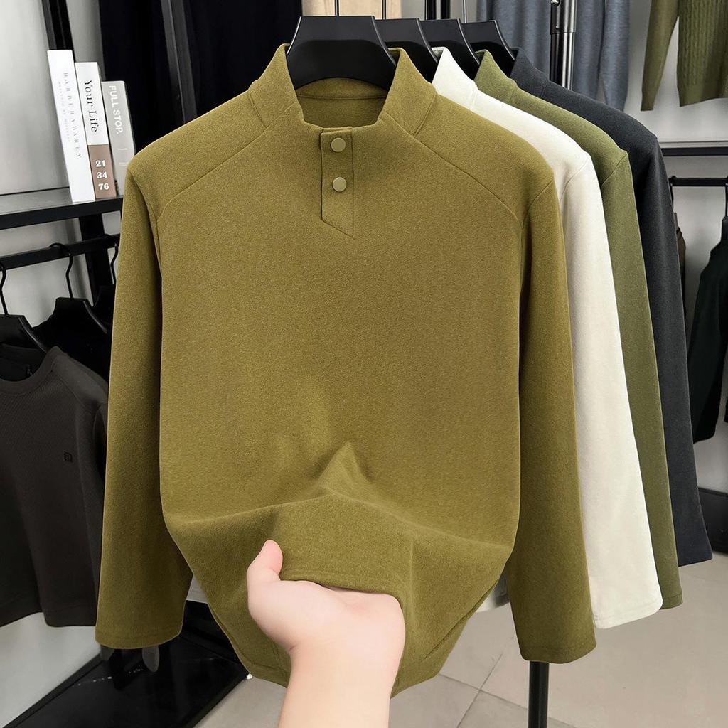 Men's Plus Size Trendy Autumn/Winter Long Sleeve Semi-High Neck Velvet T-Shirt - New 2025 Style for Middle-Aged and Young Adults