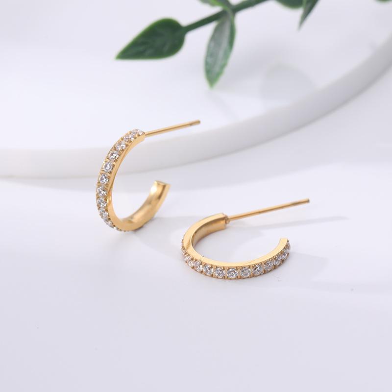 Personalized Design Earrings Fashion Zircon Titanium Steel Earrings Plated 18K Gold Hip Hop C Earrings