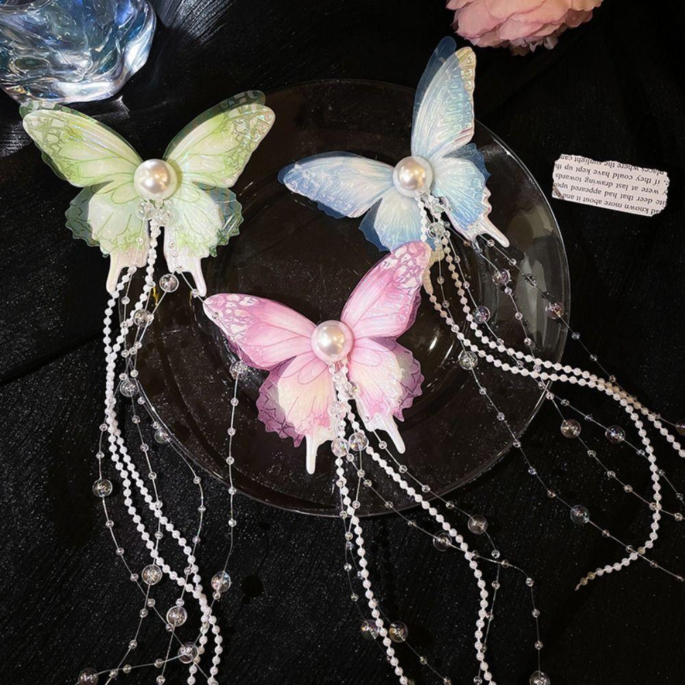 Imitation Pearl Butterfly Hairpin Mesh Butterfly Hair Clip Exquisite Tassel Duckbill Clip  Daily