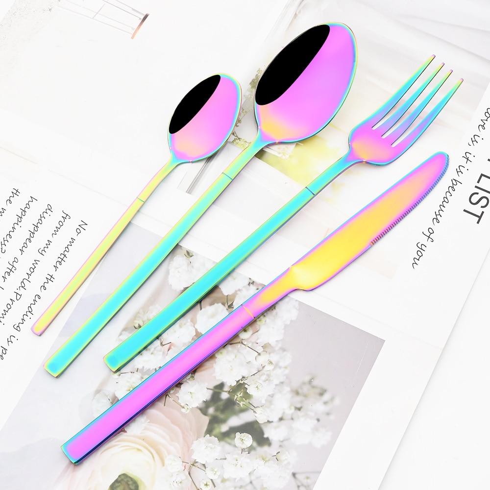 24Pcs Rainbow Color Cutlery Set Knife Fork Spoon with Rack Dinnerware Set Stainless Steel Tableware Flatware Kitchen Silverware with Storage Holder