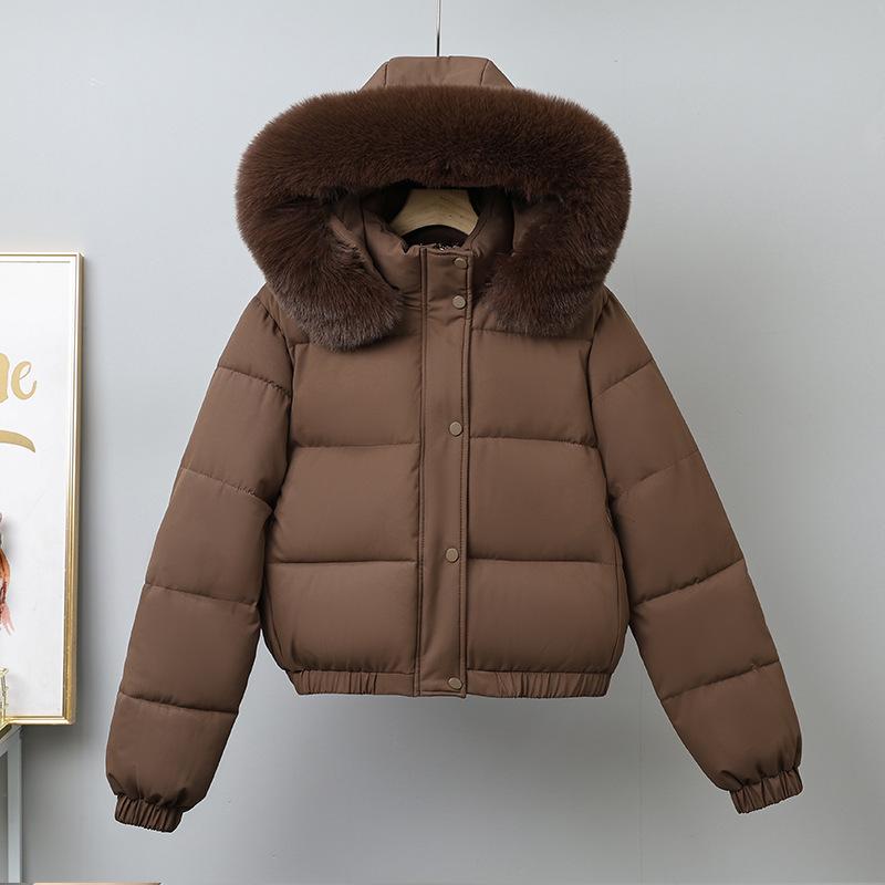 

Зимняя новинка, хлопковая одежда с большим меховым воротником, женская, корейская версия, приталенная, маленькая, с утолщенной курткой с капюшоном, студенческое пальто, тренд L