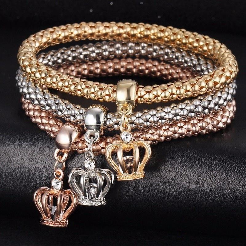 3 Pcs/Set Crystal Owl Crown Charm Bracelets&Bangles 3 Color Rose Gold Color Elephant Anchor Pendants