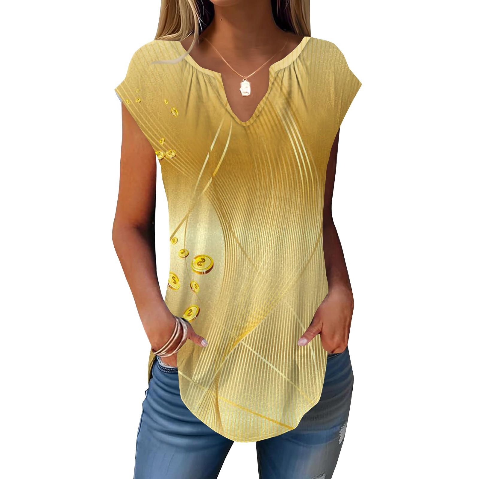 

Летние футболки с короткими рукавами для женщин, модные свободные повседневные нарядные туники с V-образным вырезом, плиссированные топы на бретелях XL жёлтый