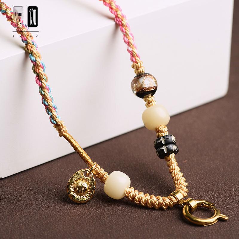 Handmade Thai Amulet Chain: Tibetan Thangka Pendant with Hand-Rubbed Cotton Rope & Dzi Agate - Style A